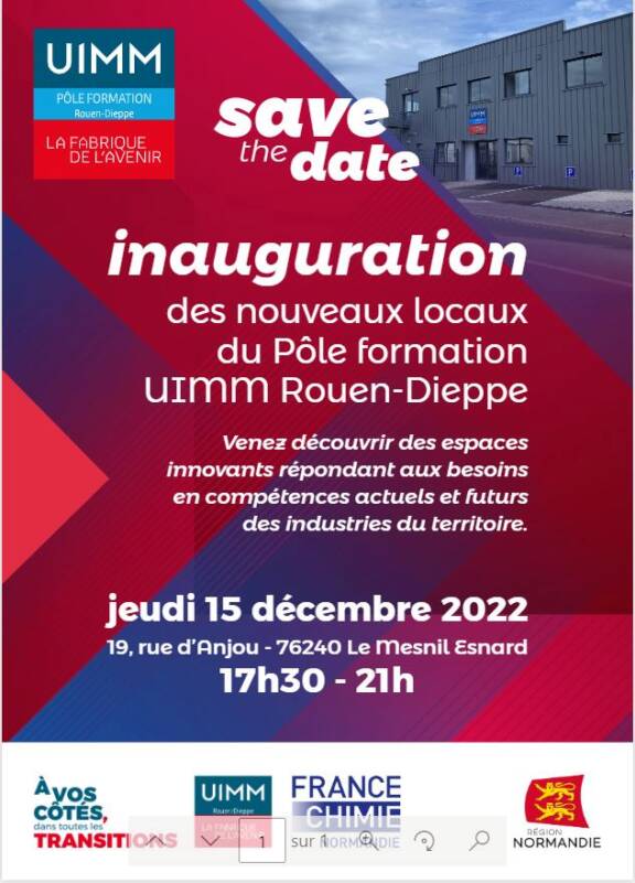 Régis SAADI, Président de France Chimie Normandie a le plaisir de vous convier à l'inauguration des nouveaux locaux du Pôle Formation UIMM Rouen-Dieppe